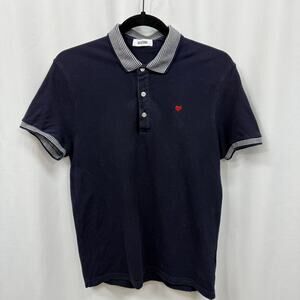 Moschino Navy Blue Heart Detail Stripe Collar 3 Button Polo Men Medium